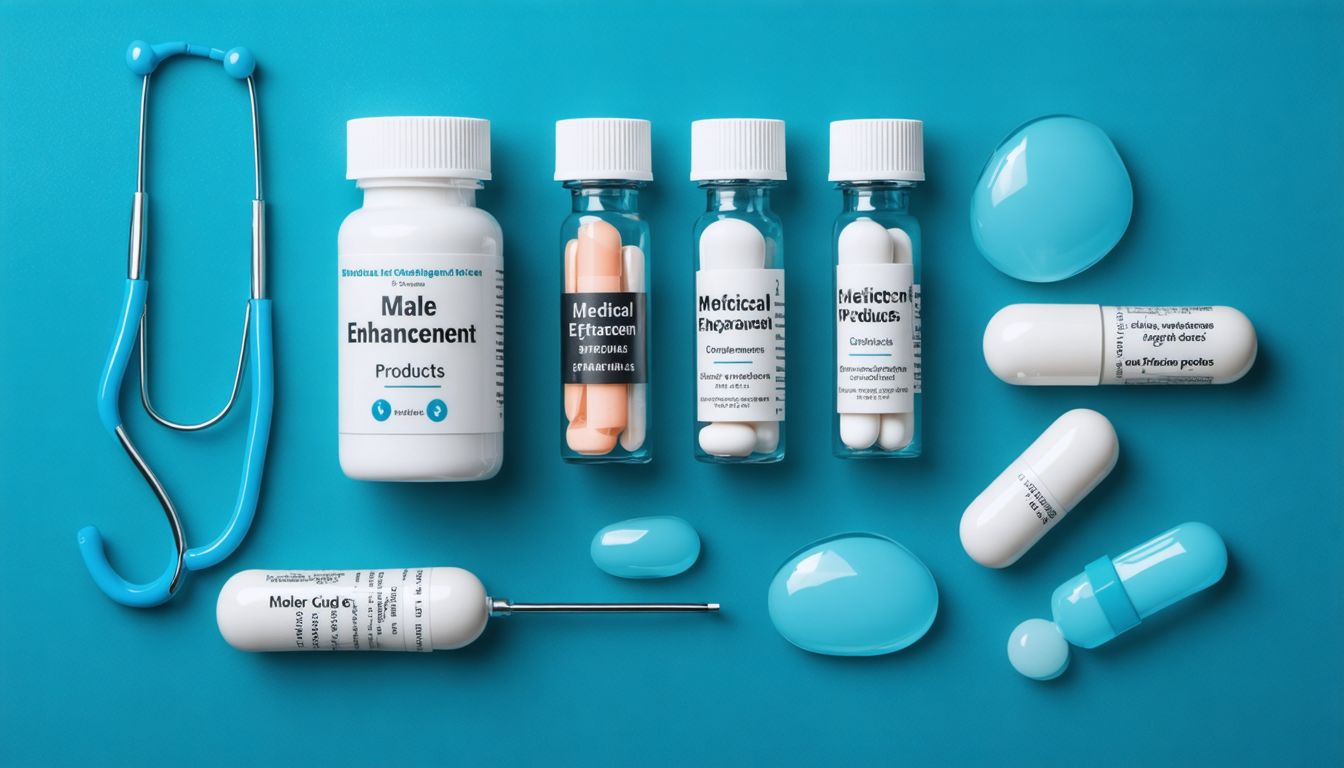 Various male enhancement products including supplements, pills, and medical consultation concept